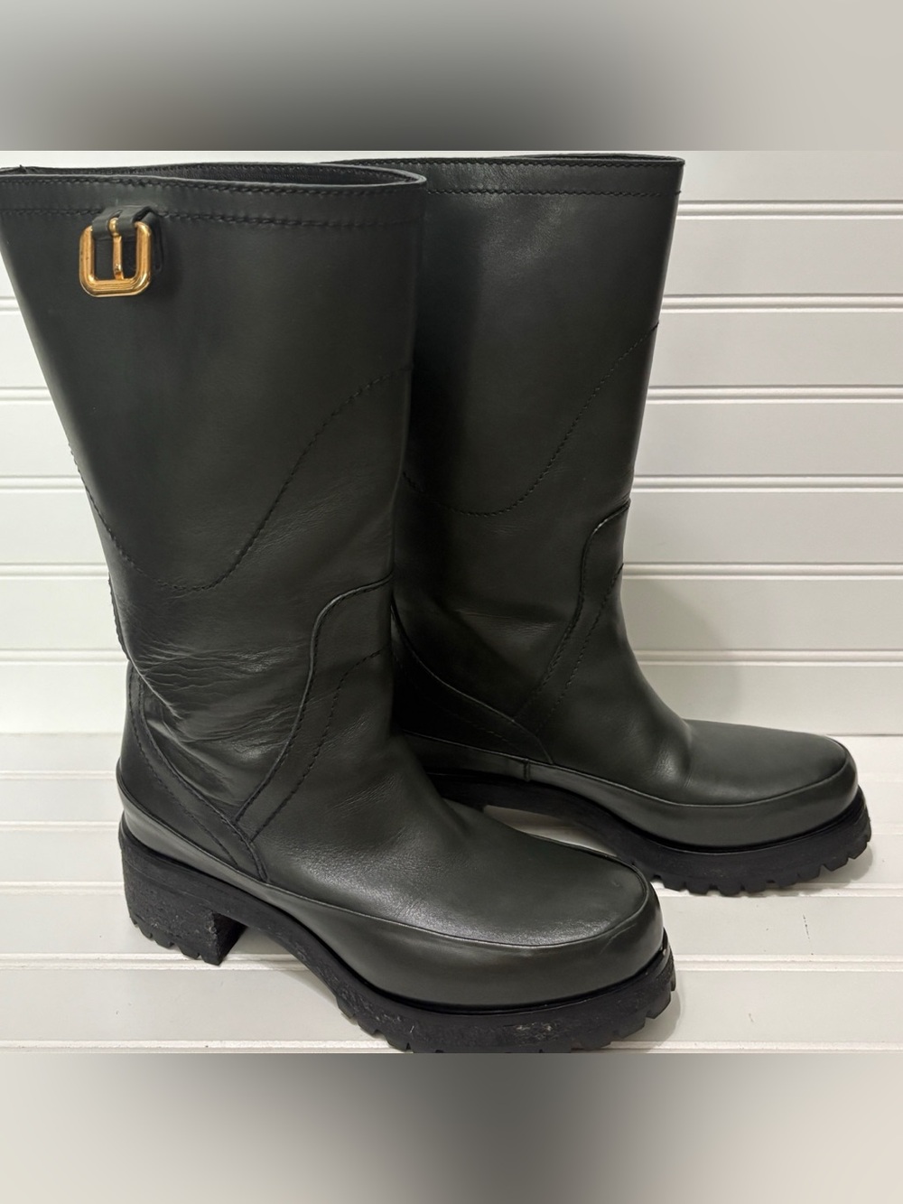 PRADA Black Leather Mid Calf Buckle Detail Lug Sole Boots Womens Size 34.5 US 5